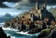 Placeholder: (photo of a movie by Ray Harryhausen) An epic, hyper-detailed panoramic conceptual digital painting of Aethelgard, an impregnable fortified medieval port city. Massive dark stone walls rise directly from the churning ocean, fortified with bastions, turrets, and ramparts. Gothic spires and densely packed timber houses are clustered within. The protected harbor is filled with hundreds of medieval sailing vessels (carracks, cogs, caravels), the main entrance guarded by two massive sea towers and a