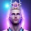 Placeholder: smiling beautifull long hair blond man face with small cristal diadem on the forehead , cosmic armor and cosmic purple and blue sky behind