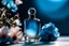 Placeholder: top shot of a perfume bottle on a blue table with flowers, gray spheres in the background, product photography in style of Kodak Portra — style raw — q 2 — s 250 — v 5.2 — ar 9:16