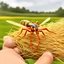 Placeholder: A colorful insect on a child's palm with a background of a hay field, an insect, a weta disney pixar, an insect, a still image of a weta disney, a weta disney, which looks like an insect, a portrait of an insect, a picture of a crazy wasp, a 3D rendering of a complex wasp, Folded Insect Forearms, Weta, Giant Insects, Weta Studio, Thopter from magic the collection