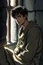 Placeholder: A noble young man in simple clothes sitting by the window of a cold stone cell, light filtering in, a mixture of sadness and determination on his face.