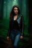 Placeholder: 20 year old female tracker, mousey brown hair wearing jeans and a leather jacket, modern fantasy, in a forest