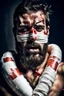 Placeholder: a very hurt man with beard, he is covered all the body with bandage and are in deep pain, only the eyes