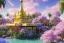 Placeholder: gold and pink crystal indian PALACE，swanns,waterfall, BLUE LAKE, SWANNs,bugainvillier flowers, jacaranda trees, sky pink blue, full of details, smooth, bright sunshine，soft light atmosphere, light effect，vaporwave colorful, concept art, smooth, extremely sharp detail, finely tuned detail, ultra high definition, 8 k, unreal engine 5, ultra sharp focus