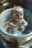 Placeholder: A cherubic infant preciously perched within the confines of a gleaming pristine basin of liquid delightfully immersed in a rambunctious game of water tinkering