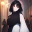 Placeholder: Clear focus,High resolution, black short fluffy hair, long fluffy bangs, and red eyes, Depressed girl, wearing a techy outfit, Smug smile, half closed eyes, smile, outfit pic