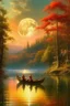 Placeholder: Realistic oil painting of a serene lake with a massive hunters moon in the background, two fishermen in a small boat, intricate details of trees and reflections on the water, by Thomas Moran and Claude Monet, (long shot), warm colors, peaceful atmosphere