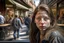 Placeholder: Huge realism photogrphic portrait, face details, on a central street of a European city, leaning on the wall of a cafeteria, a woman photorealistic style, lost gaze towards the sidewalk, behind blurreddynamism of cars, bicycles and pedestrians and shops, 16K, press photographic