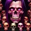 Placeholder: a picture of a dark, comedic, anatomically correct wall of colorful tightly packed skulls of varying sizes and expressions, photo realistic, insanely meticulous, highly detailed, part of a collection of bones on display, 64k, dystopian, vray