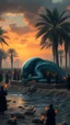 Placeholder: A huge anunnaki creature looks like alien laying down on a bench of wood surrounded by date palms and many people holding candles all wearing black customs close to the river of tigers cloudy sunset environment