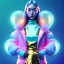 Placeholder: asian woman teenager, few freckles, gold teeth, padded coat, bubbles floating, retro futuristic, latex dress, gradient color, BLUE, PINK, CYAN, neon, insanely detailed, 16k resolution, perfect eyes, cinematic smooth, intricate detail