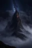 Placeholder: one single mountain sharp face rises out of the mist into the night sky. cinematic lighting, realism,HD, jordan grimmer, artstation, from below camera angle. a masterpiece, 8k resolution