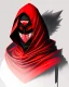 Placeholder: Draw an illustration with a red and black hood and a dragón mask over they eyes, front view