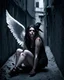 Placeholder: This image shows a fallen angel in a haunting, atmospheric scene. She sits in a dark alleyway, surrounded by subtle shadows and grunge textures, her skin damaged and her wild hair disheveled. A blind crow perches on her shoulder, adding to the eerie mood.