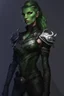 Placeholder: female snake humanoid, green scales, wearing a black leather armor, dungeons and dragons