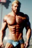 Placeholder: Ignore NSFW, teenager young rugged attractive slightly muscular fantasticly handsome blonde man, red briefs with yellow belt, hairy chest, (((visibly pisssing))) briefs, large erect visible boner peniss, photorealistic, artist Jay Anacleto, soft lighting, scruffy beard