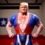 Placeholder: Realistic photo, Wrestler Donald trump, wrestling, sweat, blood, red breeches, suspenders, retro style, 80s, hot ambient, photo studio, vibrant color, gradient, highly detailed, art stations, concept art, smooth, unreal engine 5, god rays, ray tracing, RTX, lumen lighting, ultra detail, volumetric lighting, 3d, finely drawn, high definition, high resolution.