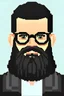 Placeholder: 8bit profile photo of a white man with a black beard, black hair and black glasses. Fit character. Small beard.