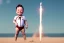 Placeholder: Elon musk as a baby building a Very tall Sandrocket on the beach. He is wearing a polkadot swimsuit