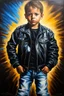 Placeholder: Famous actors as Children - facial Portrait - oil on canvas, chiaroscuro, deep shadows, fairytale, 20th century masterpiece, rich deep colors, highly detailed portrait, Emilio Esteves wearing a black leather biker's jacket, a black "Iron Maiden" T-shirt, Blue Jeans, black Converse sneakers,