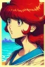 Placeholder: 1girl, retro anime, 80's, redhead,portrait, synth-wave, beach