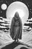 Placeholder: A hooded figure beneath a cosmic sky, revealing unseen truths in the moonlight. black and whitee line art, Cartoon