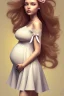 Placeholder: girl, cute, beautiful, pregnant, cottagecore dress, long hair, brown hair, brown eyes, wedding ring