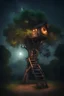 Placeholder: ominous small tree house at night. with a ladder to the ground. make the wood a nice brown and the leaves green. tree has many leaves. the season is summer. fill the sky with stars.