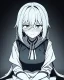 Placeholder: emotionless, numb, heartbroken, black and white, anime girl sitting with black background