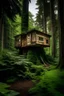 Placeholder: a tiny house in the high end of a big tree, in the middle of a dense forest.