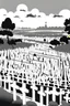 Placeholder: landscape, open air flat cemetery with thousand crosses, manga style, grayscale