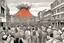 Placeholder: Make a scene, where people facing towards the camera, evacuating the city from a vulcano explison in the backround