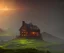 Placeholder: Weathered Wooden Shed Green rusty Tin Roof, solar Storm, high detail , global lighting, Lava pools, Epic Landscape, Mountain, , Transparent ground mist, 4 k ,