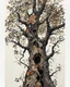Placeholder: Abstract primitive tree composed of organic bark and leaf textures, fragmented into interlocking sections of varying magnification (macro veins, branch close-ups, distant silhouettes), all fused with no boundaries; rough charcoal, angular limbs and leaves, each section using distinct hatching densities and mark systems, high-contrast black on white, naive cubist/raw sketch style, continuous bleeding collage, square frame, edge-to-edge. Colored in rich but soft earth tones with the blacks preser