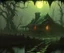 Placeholder: dynamic lighting, Intricately detailed, Splash screen art, deep color, Unreal Engine, volumetric lighting, dark fantasy artwork, dark swamp artwork, fantasy swamp artwork, cottage, night, fog,