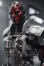 Placeholder: darth maul as a terminator samurai cyborg with detailed robot parts, 3/4 body scene, scifi futuristic scene, white style, hyperrealistic, 16k photo, octane render