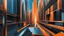 Placeholder: (hustle and bustle:55), (loop kick:20), (deconstruct:28), retro futurism style, urban canyon, centered, drone view, perfect loops, great verticals, great parallels, amazing reflections, excellent translucency, hard edge, colors of metallic orange and metallic steel blue
