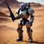 Placeholder: A futuristic humanoid futuristic soldier cyber robot warfcraft aiming in a desert environment. The futuristic Warcraft soldier robot has a military futuristic style, equipped with what appears to be armor plates and carrying a rifle. It wears a backpack and boots. Its head has a futuristic large dark visor, giving it an insect-like appearance. The background is arid with reddish-brown soil and a bright sky, reminiscent of Mars or dry regions on Earth.