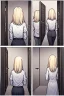 Placeholder: blonde girl runs in a corridor, back view, line arts, manga style