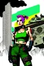 Placeholder: Digital illustration of comic book style cartooned Tank girl giving the middle finger, giant green military tank behind her, color pencils, ink, counter culture, dystopian, retro futuris. 90s riot girl look, punk aesthetics, collage, psychedelic, grime, textured, mixed media with a british pop culture influence, maximalism, feminist icon,