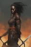 Placeholder: Danai Gurira as "Michonne" movie poster (the walking dead) in the art style of Frank Frazetta