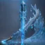 Placeholder: A fantasy sword that is a slender, translucent blade made of ice, shimmering with an ethereal blue glow. Its hilt is crafted from swirling vines, leading to a vibrant crystal at the pommel. With a black background behind it.