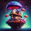 Placeholder: mushroom house on a distant floating space island. the island is floating in outer space. Bright Bold Bright Colors, Stark Dark background. Fantasy Style. High Quality, Painterly, Whimsical, Fun, Imaginative, Bubbly,