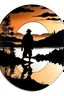 Placeholder: circlular edge made from small outdoor drawings. inside circle a silhuet hiker walking next to a lake in a mountain scenery in sunset