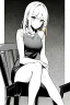 Placeholder: blonde girl speaks sitting on a chair, grayscale