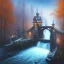 Placeholder: spray painted fantasy art, book illustration, close up on big wolf wizard,the stairs of a bridge or dam in magical forest,autumn icy water, on the bridge,evening, birds eye view