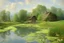 Placeholder: Peder Mork Monsted style, log hut summer,