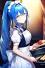 Placeholder: girl, masterpiece, best quality, cinematic lighting, detailed outfit, vibrant colors, perfect eyes, blue hair, long hair, white eyes, ponytail, maid, indoors, looking up, food,