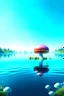 Placeholder: Landscape scene across a lake with mushrooms with jellyfish tentacles floating through a light blue clear sky