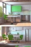 Placeholder: A 3D hyperrealistic image in 4K resolution of a modern party and birthday room approximately 100 square meters in size, with elegantly arranged tables, vibrant green chairs, and an abundance of warm soft light casting a celebratory ambiance, featuring a sleek kitchenette with stainless steel appliances and polished countertops, where guests can gather and mingle, surrounded by the warm glow of tabletop lamps and the subtle sheen of glossy flooring, with every detail meticulously rendered to crea